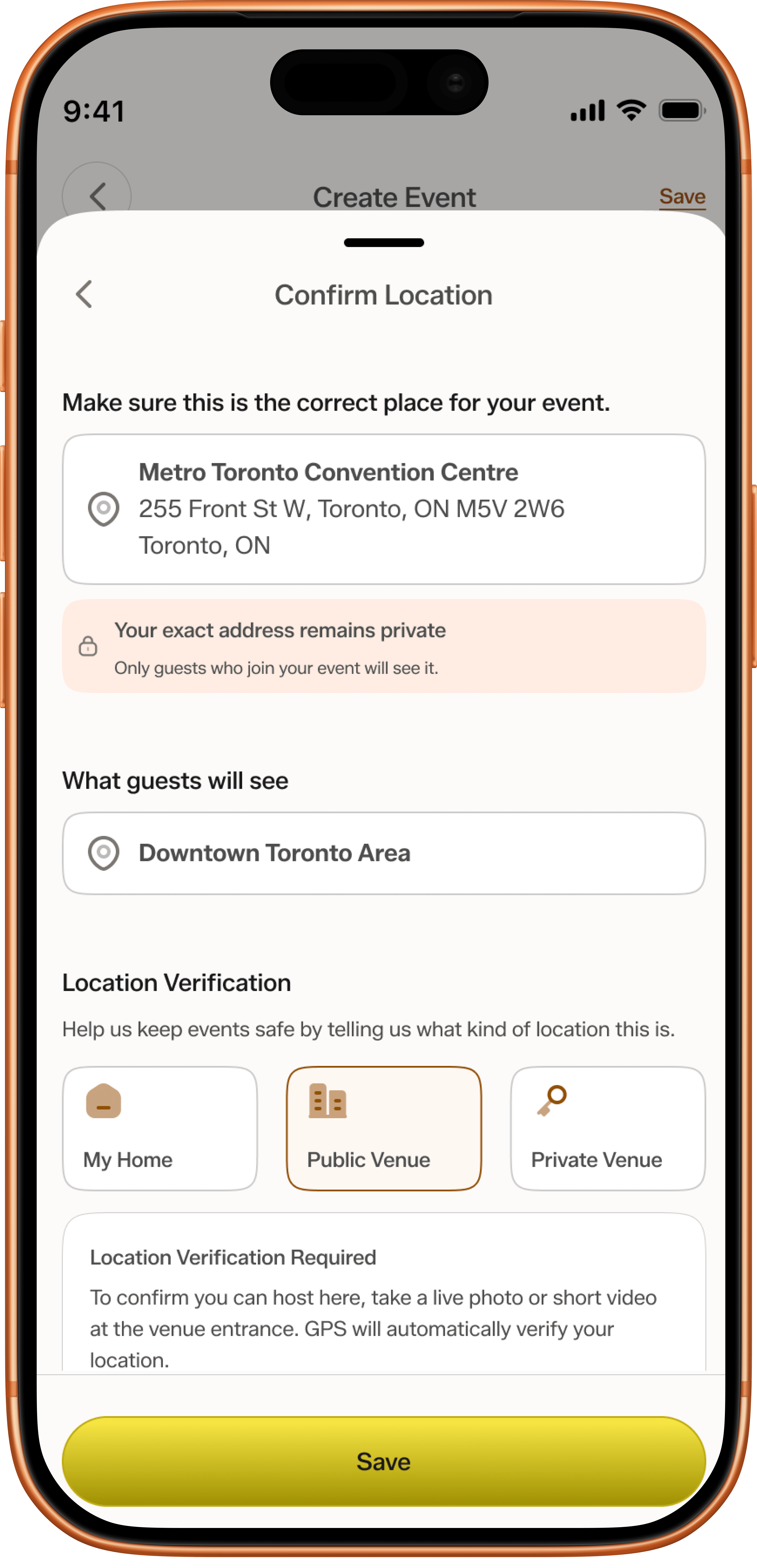 Location verification screen showing a pre-checked event venue